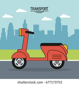 colorful poster of transport with scooter on the outskirts of the city