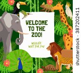 Colorful poster with tropical animals and invitation to visit zoo flat vector illustration  