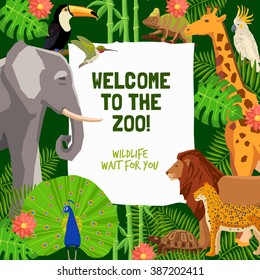 Colorful poster with tropical animals and invitation to visit zoo flat vector illustration  