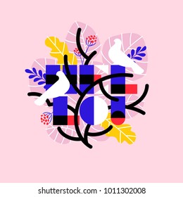 Colorful poster of tropical palm leaves with white birds and hello lettering