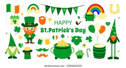 A colorful poster with various symbols and a happy message for St. Patrick's Day. The poster features a man in a green hat, a pot of gold, and other festive elements