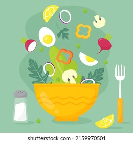 Colorful poster with vegetable salad of radishes, mushrooms, eggs, paprika, lettuce and onions. Set of healthy food on a green background. The image also features salt, a fork, and a salad bowl.