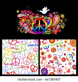 Colorful poster and wallpaper with abstract flowers, rainbow, hippie peace symbol and dove