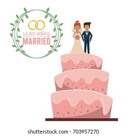 colorful poster of we are getting married with wedding cake with couple married on top