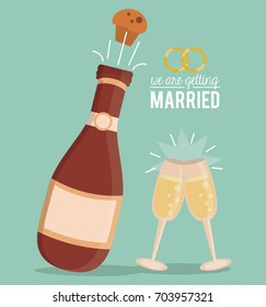 colorful poster of we are getting married with champagne bottle with cork blow up and champagne glasses