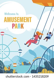 Colorful Poster Welcome to Amusement Park Flat. Summer Flyer Happy Children Ride on Carousel. Flat Banner Amusement Park with Ferris Wheel. Best Summer Vacation. Vector Illustration.