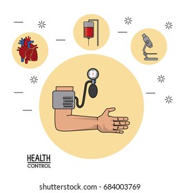 colorful Poster in white background with arm with blood pressure monitor in closeup and silhouette icons of health control on top