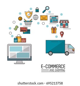 colorful poster in white background of e-commerce and shopping with desktop computer and process add shopping to delivery truck