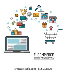 colorful poster in white background of e-commerce and shopping with laptop computer and process add to shopping cart