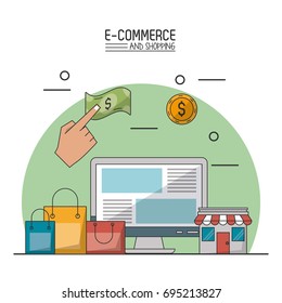 colorful poster in white background of e-commerce and shopping with desktop computer and shopping bags and store