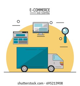 colorful poster in white background of e-commerce and shopping with truck and process delivery shopping