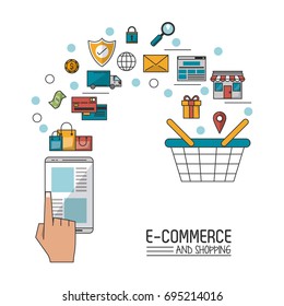 colorful poster in white background of e-commerce and shopping with smartphone and process add to shopping cart