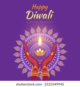 A colorful poster with a woman holding a candle and the words "Happy Diwali Festival of Lights" written below