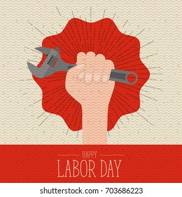 colorful poster with zigzag lines of happy labor day with hand holding spanner tool vector illustration