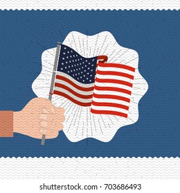 colorful poster with zigzag lines of happy labor day with hand holding american flag vector illustration