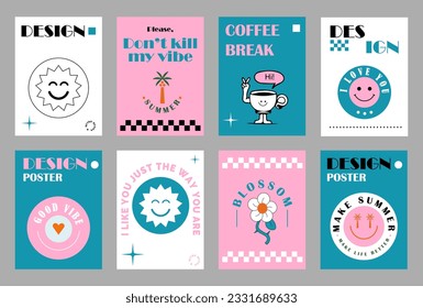 Colorful posters. Collection of retro posters cartoon shapes. Funny comic character art and quote sign patch bundle. Summer collection. Pink, blue and white. Poster with flower and smile stickers
