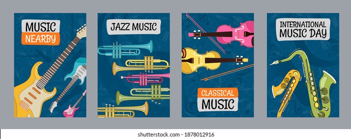 Colorful posters design with musical instruments. Vivid brochures for music day or festival. Concert and entertainment concept. Template for promotional leaflet or flyer