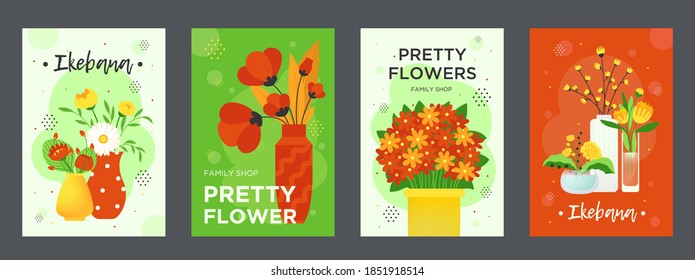 Colorful posters design with pretty flowers. Vivid bright background and flowers in vases. Ikebana and florist family shop concept. Template for promotional leaflet or flyer