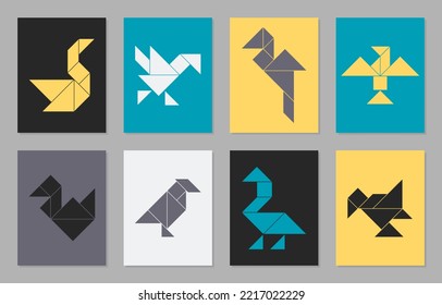 Colorful posters with eight tangram vector birds.