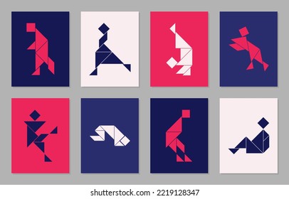 Colorful posters with eight tangram vector people.