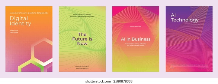 Colorful posters featuring digital identity, AI technology, and businesss. Vibrant designs with abstract patterns and futuristic text. Digital transformation, colorful poster template vector set.