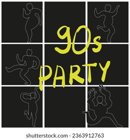 Colorful posters in the style of the 90s, with different waves and dancing vector silhouette of people on bright backgrounds