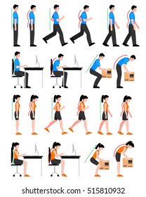 Colorful postures set with man and woman in correct and wrong positions for spine isolated vector illustration