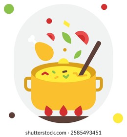 A colorful pot with floating ingredients, perfect for representing cooking or food-related themes.