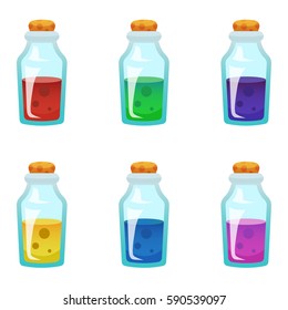Colorful potion bottle icons set. Ready assets set for game design and web application.