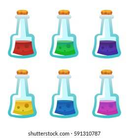 Colorful potion bottle icons set. Ready assets set for game design and web application.