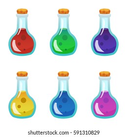 Colorful potion bottle icons set. Ready assets set for game design and web application.