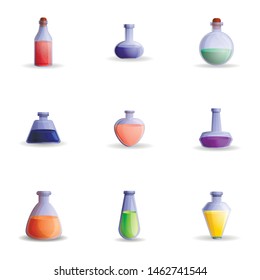 Colorful potion icon set. Cartoon set of 9 colorful potion vector icons for web design isolated on white background