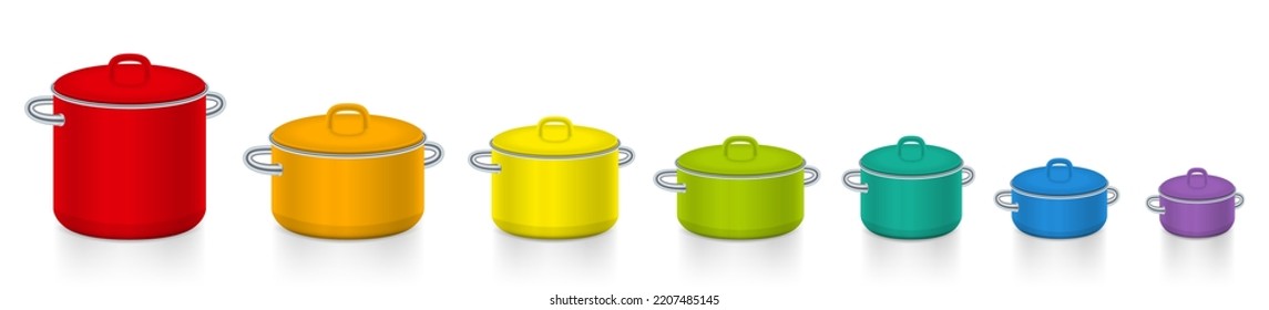 Colorful pots, rainbow colored set of enamel saucepots, different sizes and colors for cooking fun for every day of the week, red, orange, yellow, green, turquoise, blue, purple. Isolated vector.