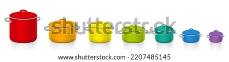 Colorful pots, rainbow colored set of enamel saucepots, different sizes and colors for cooking fun for every day of the week, red, orange, yellow, green, turquoise, blue, purple. Isolated vector.