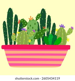 Colorful Potted Cactus Arrangement - Cute Plant Illustration