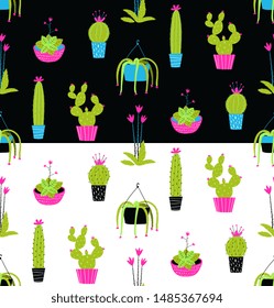 Colorful Potted cactus seamless pattern on black and white. Interior textile prints with succulent in pots. Domestic pattern, cozy and warm hand drawn plants design. 