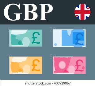 Colorful pound sterling banknotes. Flat design vector illustration.