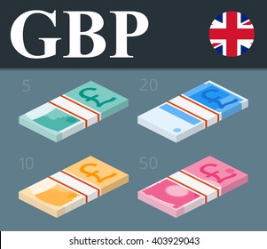 Colorful pound sterling banknotes. Isometric design vector illustration.