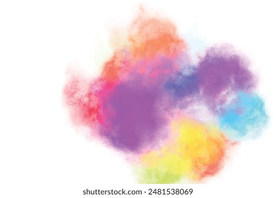 Colorful powder explosion on white effect paint splash, color explosion decorative frame background template for party, festival, holi, celebration event. Vibrant rainbow freeze motion colored powder	