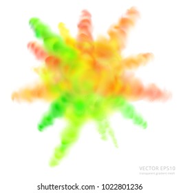 Colorful powder explosion. Vector realistic splash of bright paints. Transparent burst of dyes. Orange, yellow, green, lime shades. Original icon for promo of fresh multi-fruit juice or Holi festival.
