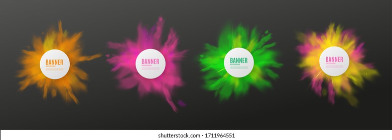 Colorful powder splash banner set - realistic color dust explosion shapes with white circle text templates isolated on dark background. Vibrant vector illustration.