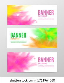 Colorful powder splash banner set on white background - color explosion poster collection with text template. Indian Holi style vector illustration
