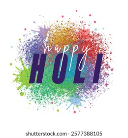 Colorful powder splash with Happy Holi text in bold font, isolated on a white background, vibrant and festive