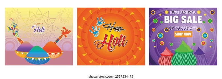 Colorful Powders and Splashing Paint. Happy Holi Festival Greeting Card with Two Handprints. Big Sale Advertisement with Colorful Elements.  Set flat vector modern illustration 