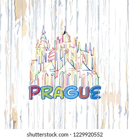 Colorful Prague drawing on wooden background