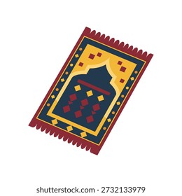 Colorful prayer rug with geometric pattern and fringe border on white background angled perspective vibrant design