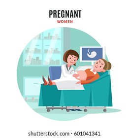 Colorful pregnancy concept with pregnant woman and doctor on ultrasound investigation in hospital vector illustration