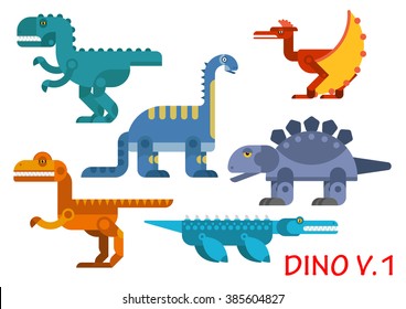 Colorful prehistoric dinosaurs with carnivores and herbivores tyrannosaur rex, brontosaurus, stegosaurus, pterodactyl, velociraptor and pliosaur animals. Flat style vector animals