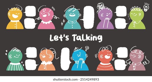 Colorful preschool kids talking with speech bubble. Cute comic of avatars dialog box. Stylish School child conversation with variety expression. Hand drawn avatar message. African, Asian, Race, Chat