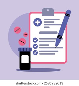 Colorful prescription pad on surface, accompanied by medication container and pills. Pen recording important information on pad